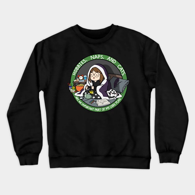 Hobbies, Naps, and Cats (Green) Crewneck Sweatshirt by InsomniaDoodles